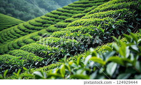 Green tea plantation covering rolling hills in lush landscape 124929444