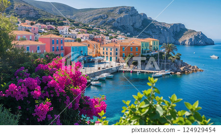 Colorful houses overlooking picturesque harbor in mediterranean village 124929454