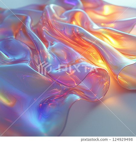 A mesmerizing display of iridescent fabric gracefully draped with a spectrum of vibrant colors and textures. 124929498