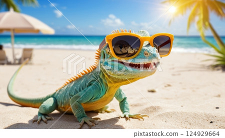 illustration of a smiling lizard wearing sunglasses enjoying the sun on the beach by the sea on a summer day 124929664