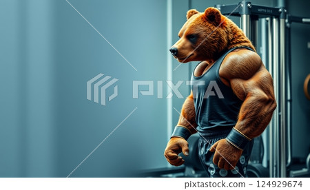 portrait illustration of a muscular humanoid bear training in a gym 124929674