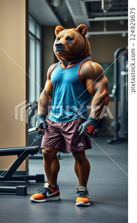portrait illustration of a muscular humanoid bear training in a gym portrait illustration of a muscular humanoid bear training in a gym 124929675