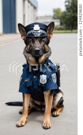 illustration portrait of a belgian shepherd dog dressed as a police officer to represent the authority and defense of the city 124929680