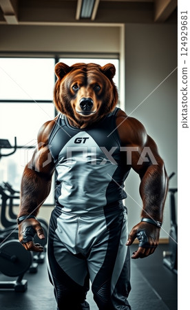 portrait illustration of a muscular humanoid bear training in a gym 124929681