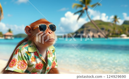 portrait illustration of a chimpanzee monkey wearing sunglasses and a hawaiian shirt enjoying vacation on a sunny tropical beach 124929690