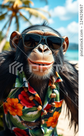 portrait illustration of a chimpanzee monkey wearing sunglasses and a hawaiian shirt enjoying vacation on a sunny tropical beach 124929697