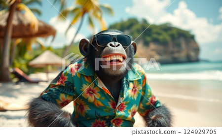 portrait illustration of a chimpanzee monkey wearing sunglasses and a hawaiian shirt enjoying vacation on a sunny tropical beach 124929705