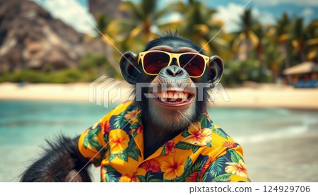 portrait illustration of a chimpanzee monkey wearing sunglasses and a hawaiian shirt enjoying vacation on a sunny tropical beach portrait illustration of a chimpanzee monkey wearing sunglasses and a hawaiian shirt enjoying vacation on a sunny tropical beach 124929706