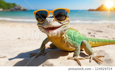 illustration of a smiling lizard wearing sunglasses enjoying the sun on the beach by the sea on a summer day illustration of a smiling lizard wearing sunglasses enjoying the sun on the beach by the sea on a summer day 124929724