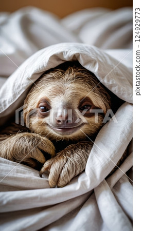 illustration of a sloth resting and sleeping happily wrapped in blankets in a bed in a house 124929773