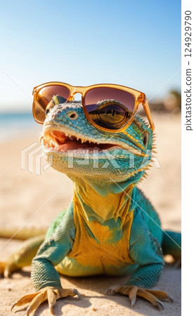 illustration of a smiling lizard wearing sunglasses enjoying the sun on the beach by the sea on a summer day 124929790