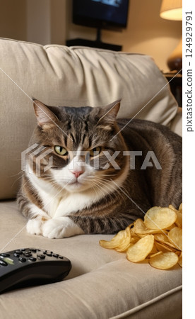 illustration of a fat cat sitting on a living room sofa with french fries on a table watching television illustration of a fat cat sitting on a living room sofa with french fries on a table watching television 124929791