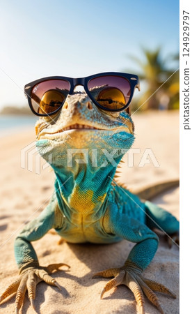 illustration of a smiling lizard wearing sunglasses enjoying the sun on the beach by the sea on a summer day 124929797