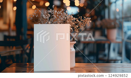 Minimalist Blank Paper Mockup in Cozy Cafe Setting 124929852