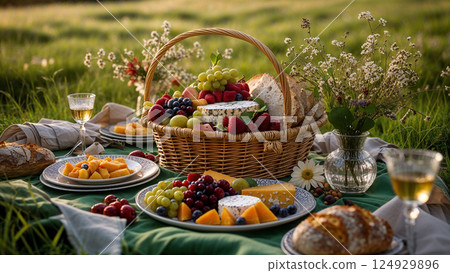 Romantic picnic setting with wine, cheese, and fruits in nature 124929896