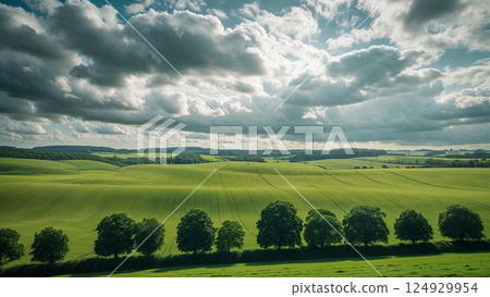 Green rolling hills stretching under dramatic cloudy sky 124929954