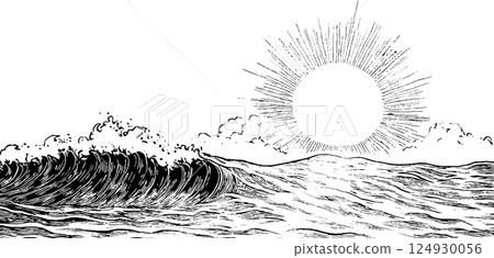 Artistic Ocean Waves with Radiant Sun Artistic Ocean Waves with Radiant Sun 124930056