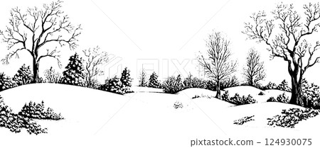 Winter Landscape Illustration in Black and White Winter Landscape Illustration in Black and White 124930075