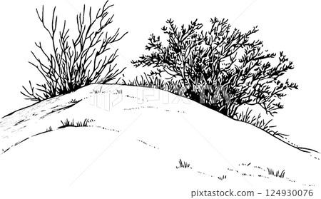 Black and White Hill with Bushes Illustration Black and White Hill with Bushes Illustration 124930076