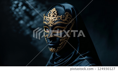 Mysterious person wearing elegant black and gold mask and dark veil Mysterious person wearing elegant black and gold mask and dark veil 124930127