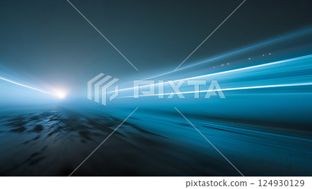 Light trails crossing dark blue abstract background with sun 124930129