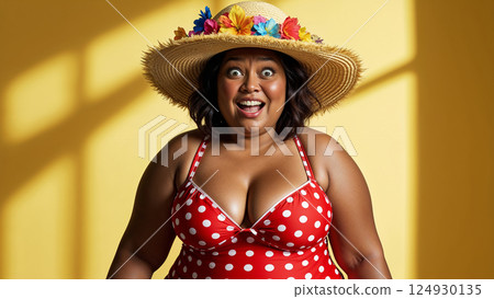 Excited plus size woman wearing polka dot swimsuit and summer hat showing excitement for vacation 124930135