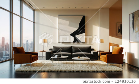 Modern living room interior with city view in warm sunlight 124930136