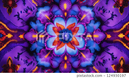 Colorful kaleidoscope pattern creating a psychedelic floral design 124930197