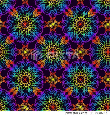 Seamless  pattern with colorful flowers. Endless knitted ornament. 124930264