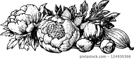 Botanical Illustration of Flowers and Fruits 124930366