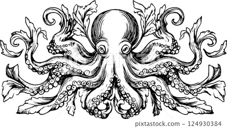 Intricate Black and White Octopus Illustration 124930384