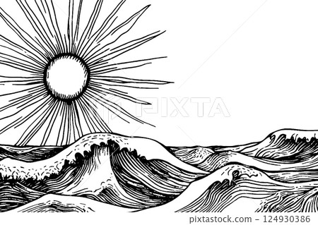 Stylized Ocean Waves with Radiant Sun 124930386