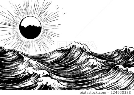 Stylized Ocean Waves with Sun Illustration 124930388