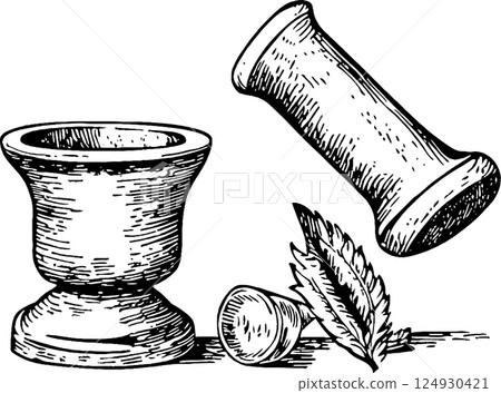 Vintage Mortar and Pestle with Leaves 124930421