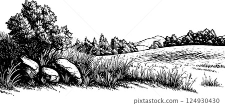 Serene Black and White Landscape Illustration Serene Black and White Landscape Illustration 124930430