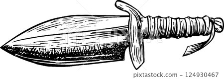 An illustration of a dagger with a pointed blade and a wrapped handle. The design features a simple cross-guard and a sharp edge, emphasizing its functionality as a weapon. 124930467