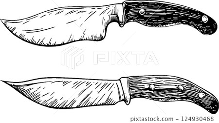 Illustration of two different styles of kitchen knives with wooden handles and curved blades, showcasing their design and craftsmanship. 124930468