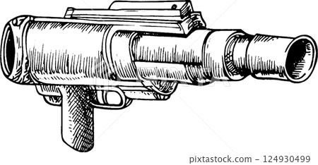 A detailed illustration of a firearm, showcasing its barrel and grip. The design features a sleek, modern aesthetic with intricate line work, emphasizing the mechanical aspects of the weapon. A detailed illustration of a firearm, showcasing its barrel and grip. The design features a sleek, modern aesthetic with intricate line work, emphasizing the mechanical aspects of the weapon. 124930499