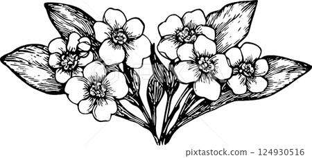 A detailed black and white illustration of a bouquet of flowers with leaves. The flowers are depicted with multiple petals and a naturalistic style, showcasing their beauty and intricacy. 124930516