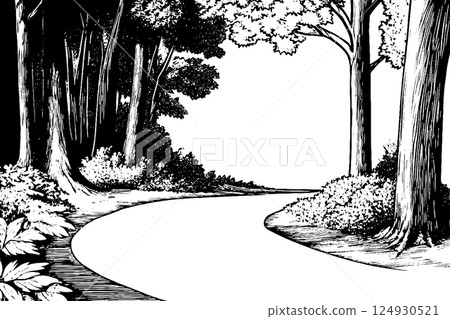 A winding path through a dense forest, surrounded by tall trees and lush foliage. The scene is illustrated in black and white, emphasizing the natural beauty of the landscape. 124930521