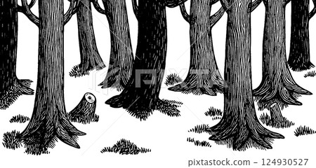 A black and white illustration of a dense forest with tall trees, featuring detailed bark textures and a stump on the ground. The scene conveys a sense of depth and tranquility. 124930527