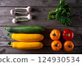 vegetable composition on a wooden background spring vegetarian composition 124930534