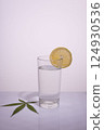 glass glass of water with cannabis leaf on white background 124930536