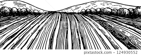 A black and white illustration of a rural landscape featuring plowed fields leading towards rolling hills in the background, with trees lining the sides. 124930552