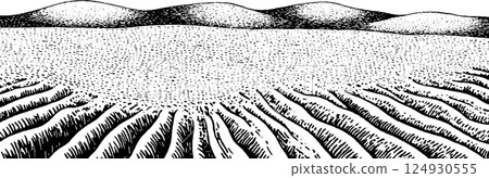 A black and white illustration of a vast, flat landscape with rolling hills in the background. The foreground features distinct, parallel lines representing furrows or ridges in the ground, creating a 124930555