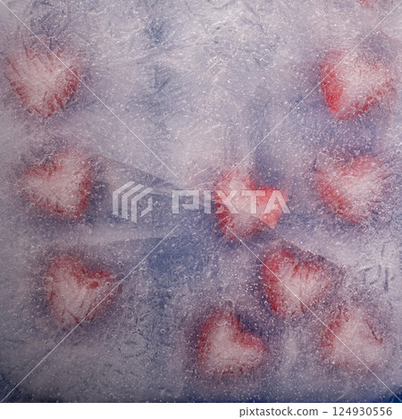 red hearts under ice. Frosted heart concept, icy love 124930556