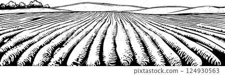 A black and white illustration of a plowed field with furrows, rolling hills in the background, and a few trees on the horizon. 124930563