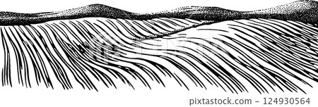 A detailed black and white illustration of rolling hills or waves in a landscape, showcasing flowing lines and textures that create a sense of movement and depth. 124930564