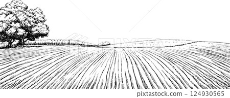 A black and white illustration of a vast field with plowed rows, featuring a few trees in the background and rolling hills in the distance. 124930565