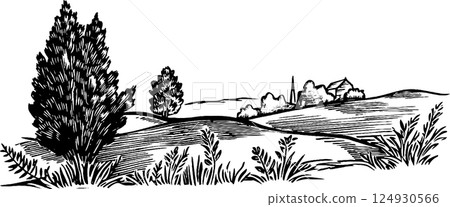 A black and white illustration of a serene landscape featuring rolling hills, trees, and a distant farmhouse. The scene captures a peaceful rural setting with detailed line work. A black and white illustration of a serene landscape featuring rolling hills, trees, and a distant farmhouse. The scene captures a peaceful rural setting with detailed line work. 124930566